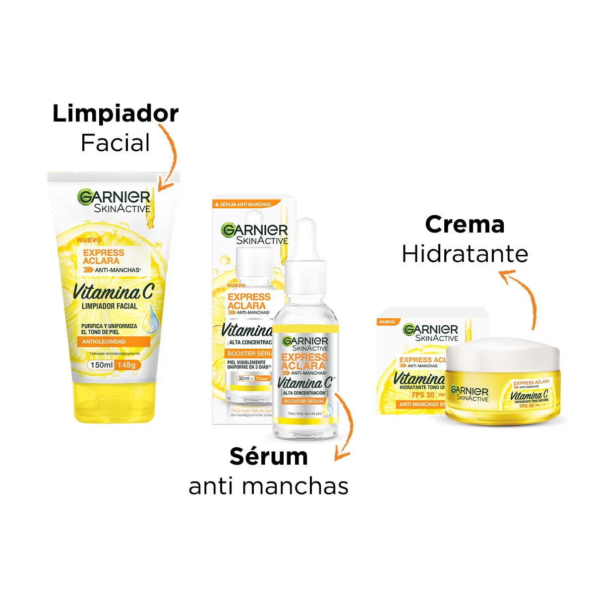 Kit Garnier Express Aclara Rutina anti manchas con Vitamina C: Sérum facial, crema hidratante y gel limpiador, 3 piezas. Hidrata, ilumina y unifica el tono de la piel