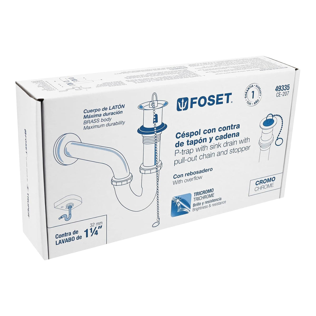 Foset CE-207, Céspol p/lavabo latón c/contra, tapón y cadena, cromo, 1-1/4"