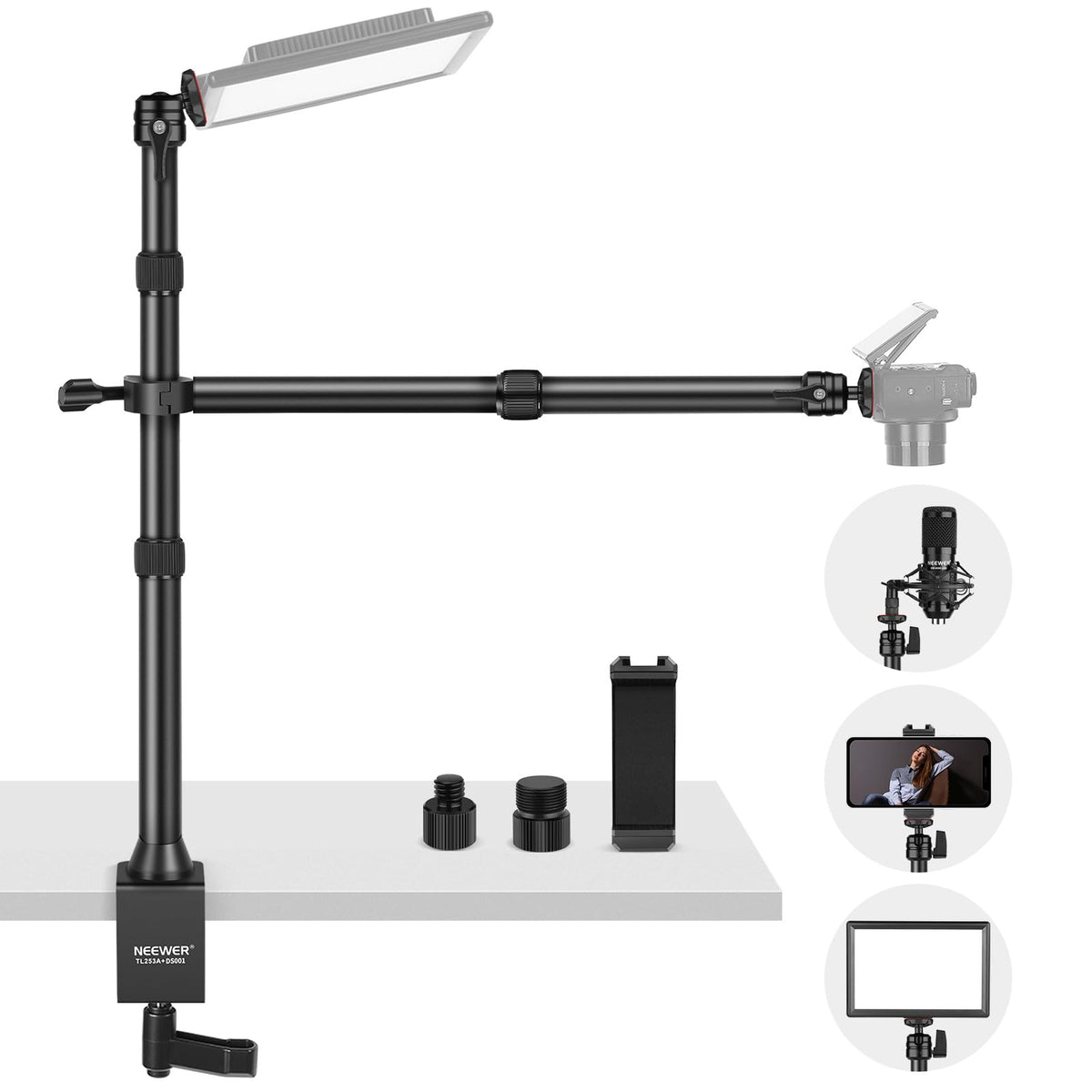 NEEWER TL253A+DS001 Soporte Sobremesa Brazo Extensible para Cámara y Móvil | Soporte para Teléfono, Cabezales Esféricos, Adaptador Tornillo, Soporte Sobremesa para Cámara, Móvil, Webcam Y Anillo De Luz