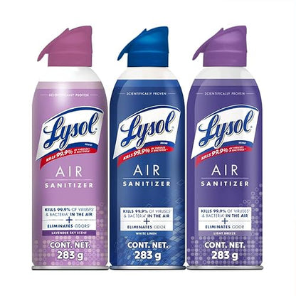 Lysol Air Sanitizer Spray Aromatizante y Desinfectante, Eliminador de malos olores para el hogar, baño y oficina. Alternativa de ambientador, 3 Pack Aromas ((White Linen, Lavender Sky, Light Breeze)