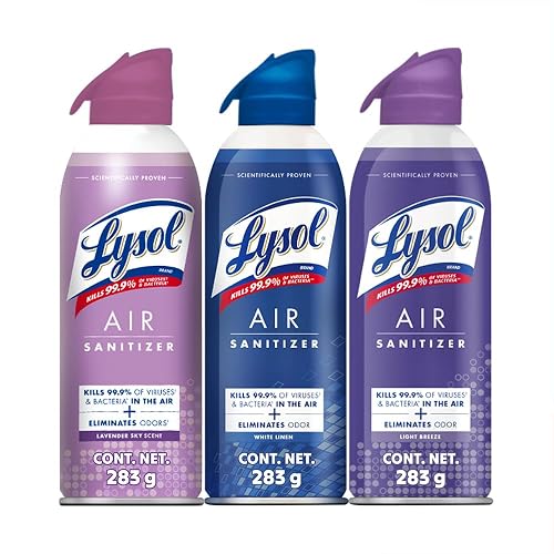 Lysol Air Sanitizer Spray Aromatizante y Desinfectante, Eliminador de malos olores para el hogar, baño y oficina. Alternativa de ambientador, 3 Pack Aromas ((White Linen, Lavender Sky, Light Breeze)