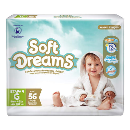 Soft Dreams Pañal Desechable Talla G Etapa 4, 9 a 13 kg - L (56 Unidad)