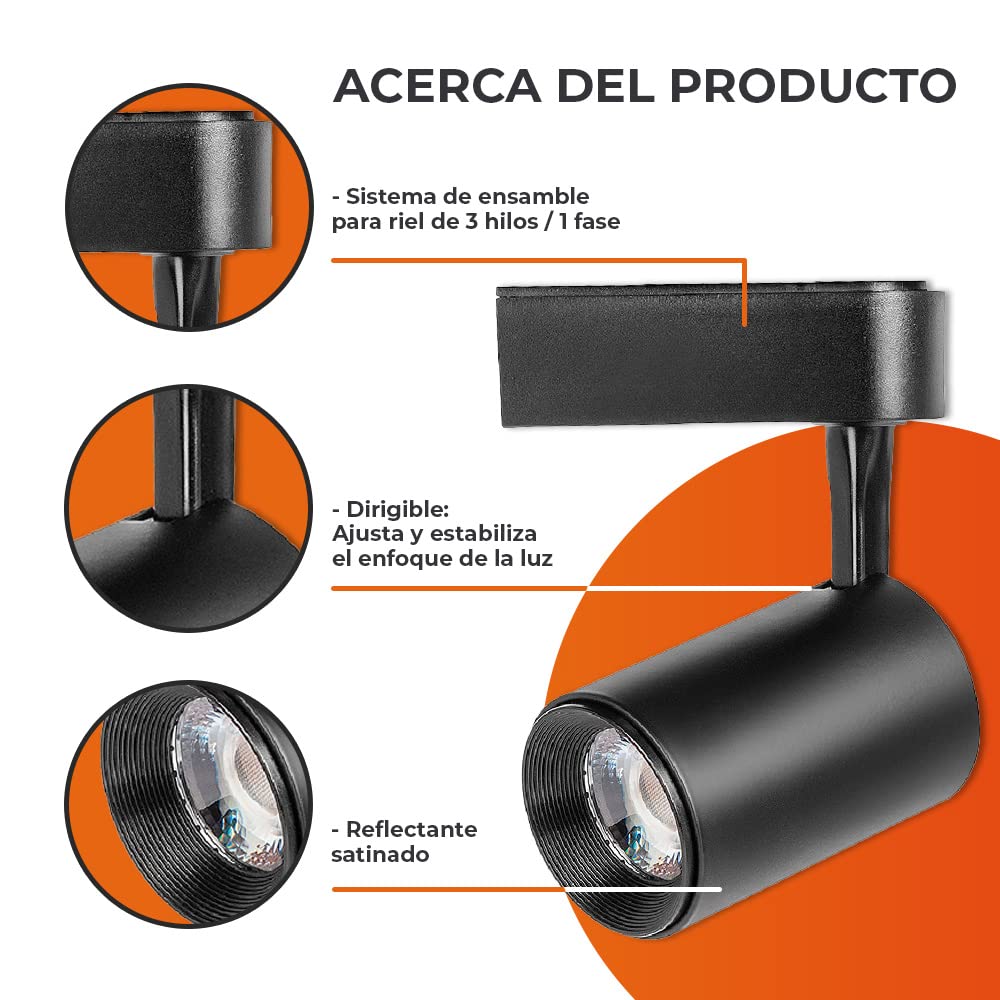 Tecnolite - Lámpara Spot de Riel LED Dirigible 7 W, Luz Suave Cálida, No atenuable, LED integrado