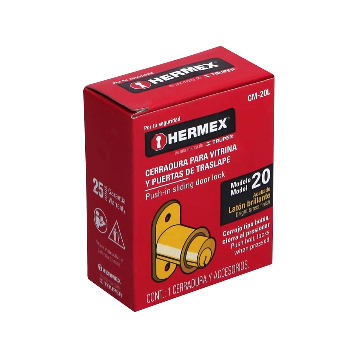 Hermex CM-20L, Cerradura para mueble tipo botón, modelo 20, acabado en latón