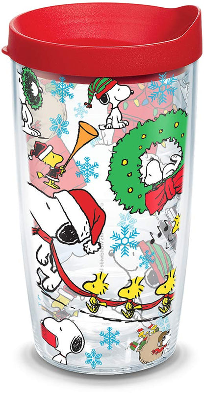 Tervis Peanuts - Vaso aislado con tapa, diseño de collage navideño, 473 ml, transparente