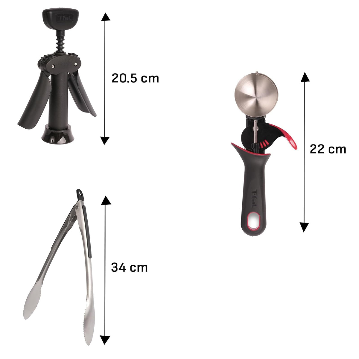 T-fal Set de Utensilios para cocina Esencial de Gadgets, 3 en 1, Inluye Pinzas Auxiliares + Sacacorchos + Cuchara para Helado, K1130484M