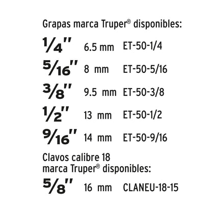 Truper ET-50X, Engrapadora tipo pistola, uso rudo, cuerpo de aluminio