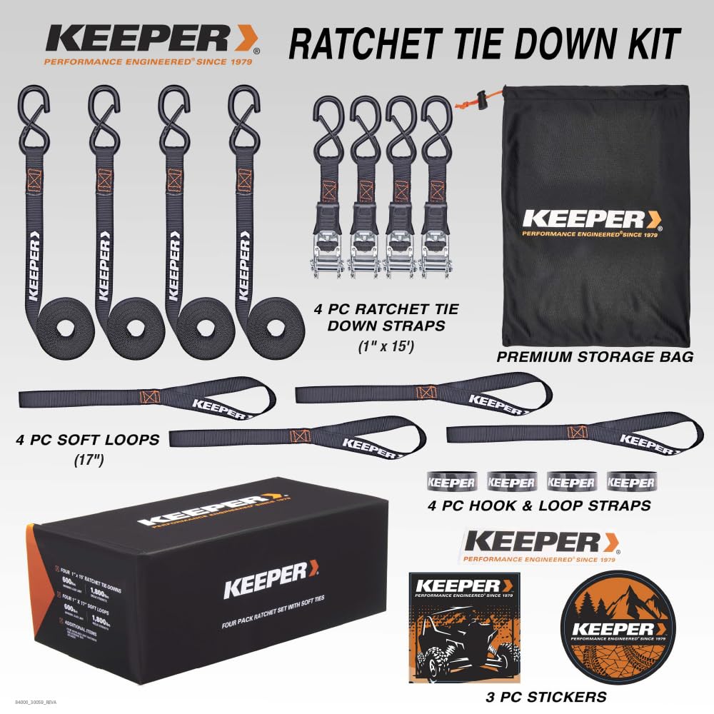 Keeper Kit de Correas de Amarre de carraca, Paquete de 4 – 1 Pulgada Correas de Carga Resistentes de 15 pies para Motocicleta, ATV, UTV y Movimiento – 1800 Libras de Resistencia a la Rotura – Incluye