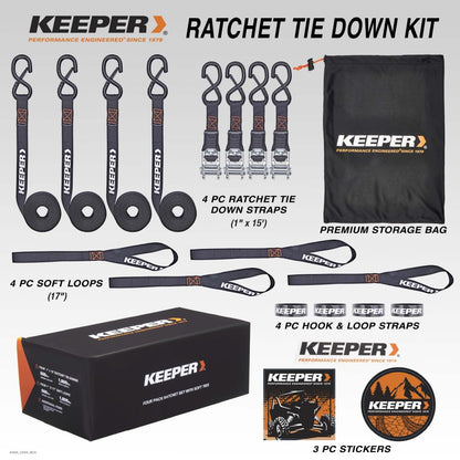 Keeper Kit de Correas de Amarre de carraca, Paquete de 4 – 1 Pulgada Correas de Carga Resistentes de 15 pies para Motocicleta, ATV, UTV y Movimiento – 1800 Libras de Resistencia a la Rotura – Incluye