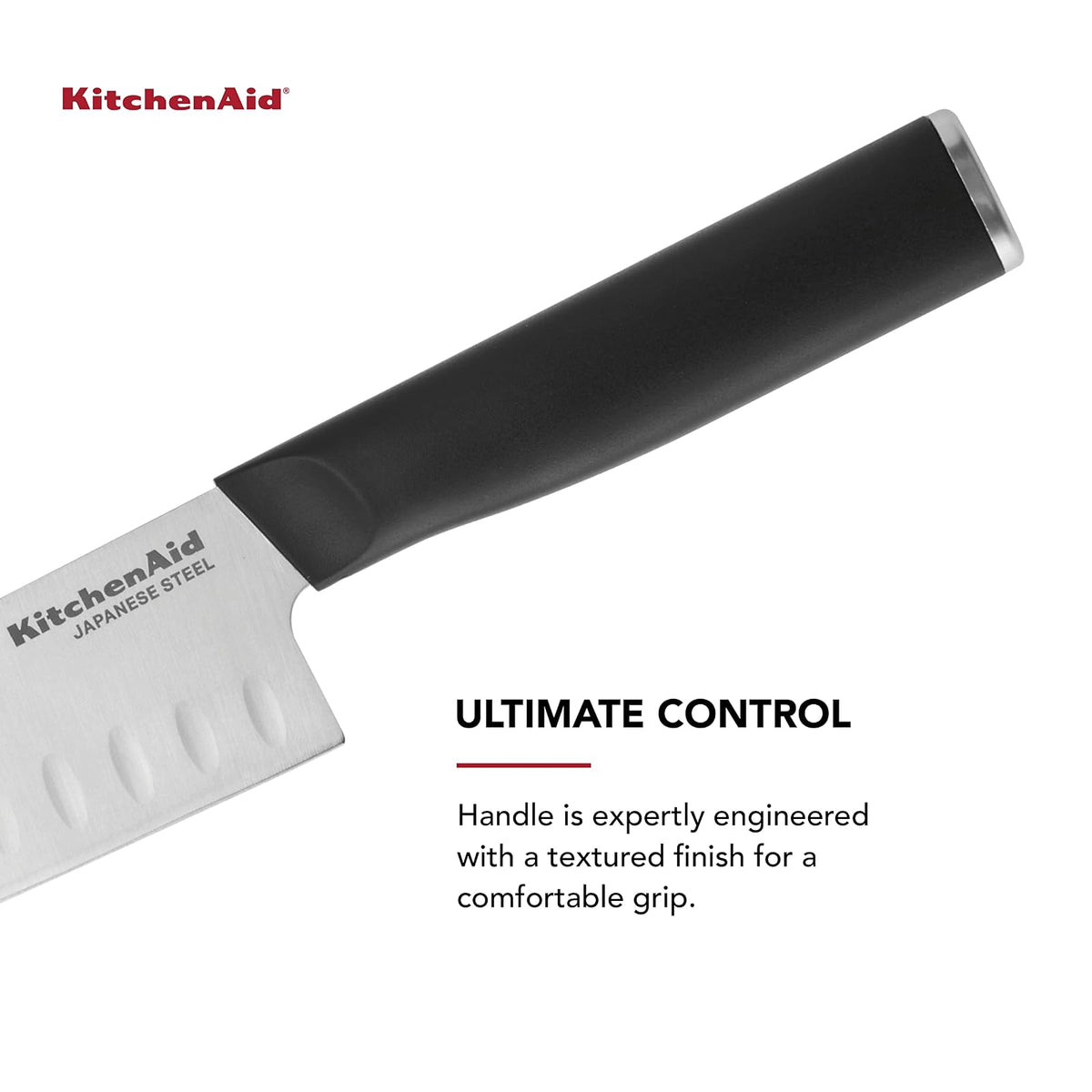 KitchenAid - Cuchillo clásico Santoku con cubierta de hoja de ajuste personalizado, 7 pulgadas, cuchillo de cocina afilado, acero inoxidable japonés de alto carbono, negro