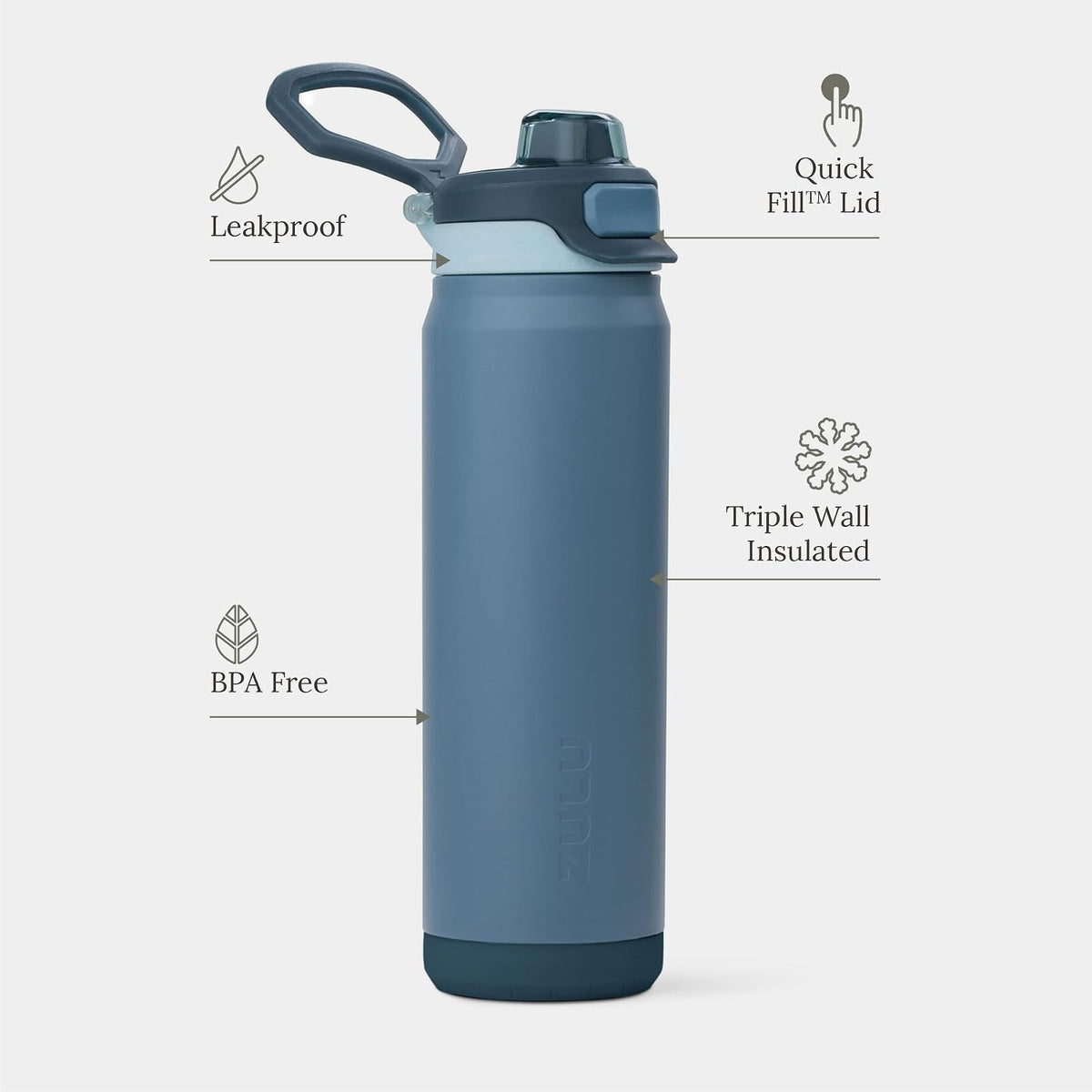 ZULU Powerfill Pro - Botella de agua de acero inoxidable de 32 onzas con tapa de llenado rápido, metal aislado al aspiradora de triple pared, tapa de bloqueo a prueba de fugas, beber y chug,