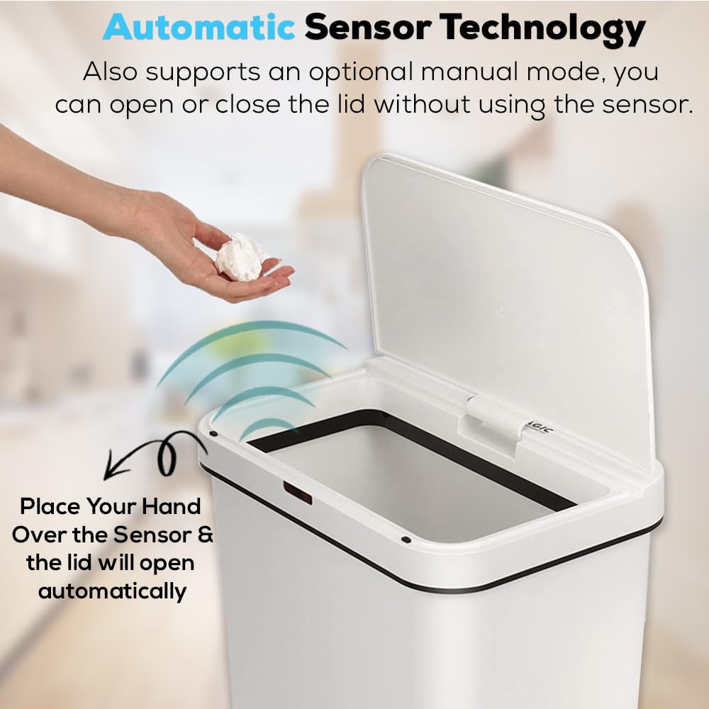 SIMPLI-MAGIC 79502 Bote de basura con sensor sin contacto de 13 galones, cubeta de basura rectangular, perfecto para el hogar, cocina, oficina, color blanco