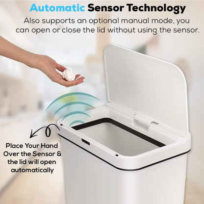 SIMPLI-MAGIC 79502 Bote de basura con sensor sin contacto de 13 galones, cubeta de basura rectangular, perfecto para el hogar, cocina, oficina, color blanco
