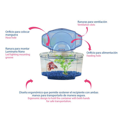 Lomas Kit Betera Azul 1.8 L para Peces, con Grava y Planta Decorativa