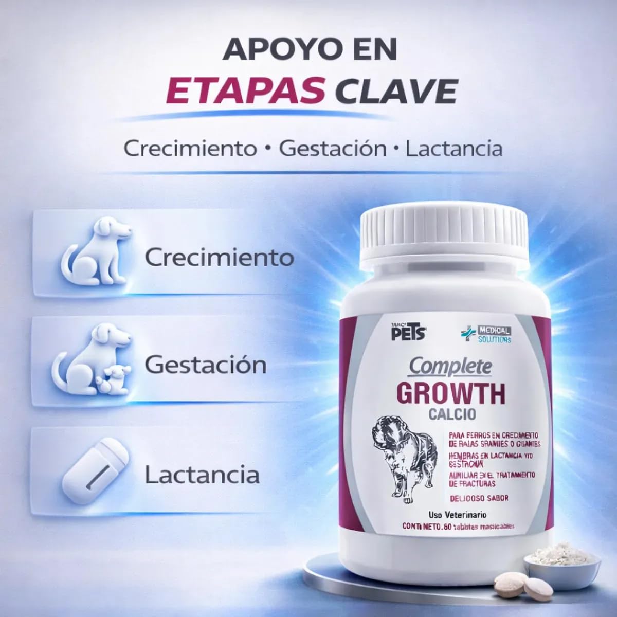 Fancy Pets MS Complete Growth Suplemento para Perros con Vitaminas, Minerales, Calcio, Fósforo y Omega 3 y 6 Tabletas Masticables 60 Tab
