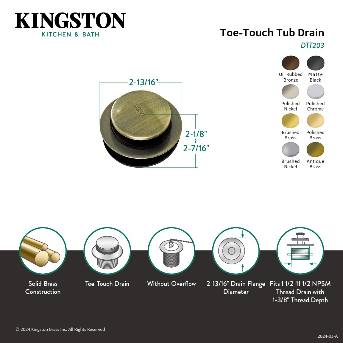 kingston Tip-Toe Drenaje para tina de latón, Oil-Rubbed Bronze