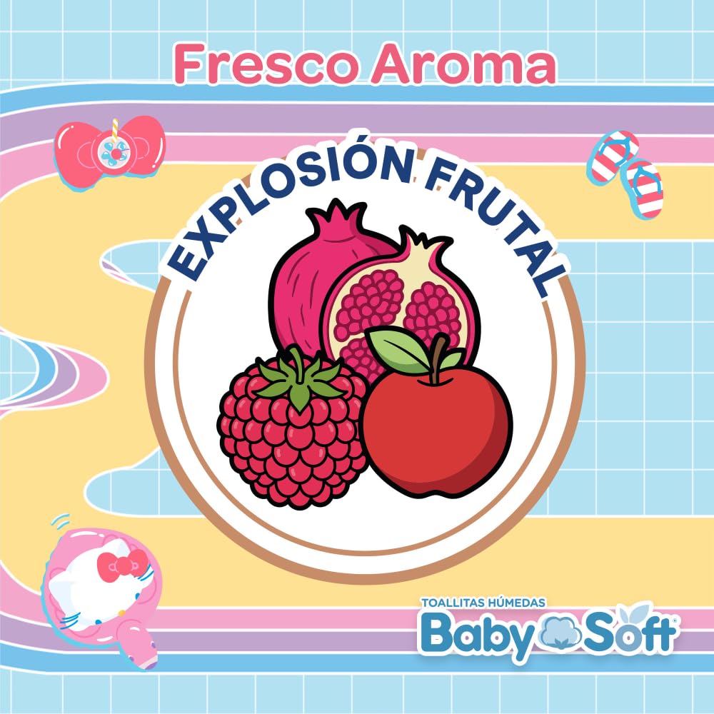 Toallitas Húmedas Baby Soft, Aroma Moras/Explosión Frutal, Hello Kitty and Friends, Caja con 1,440 piezas (18 Paquetes con 80 Toallitas c/u)