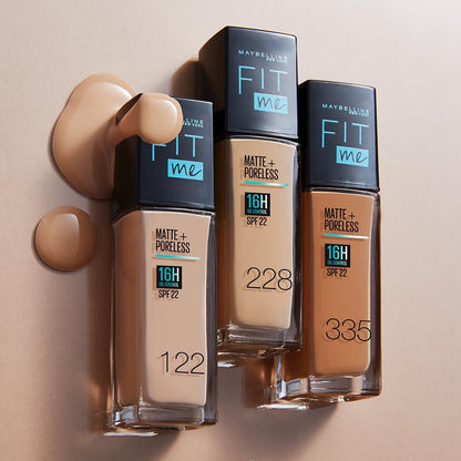Maybelline Base de Maquillaje Líquida Fit Me Matte & Poreless, 228 Soft Tan, 30 ml, matifica y controla brillo por 16h, minimiza la apariencia de poros, arrugas y líneas de expresión