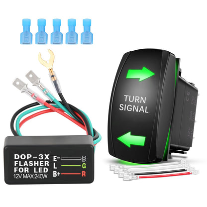 Nilight - Interruptor de señal de giro con kit de relé intermitente, 4 pines, apagado, interruptores basculantes con LED verde, grabado láser, SPDT 12 V, 20 A, 24 V, 10 A, cables de puente para ATV - Señal de giro verde con destello