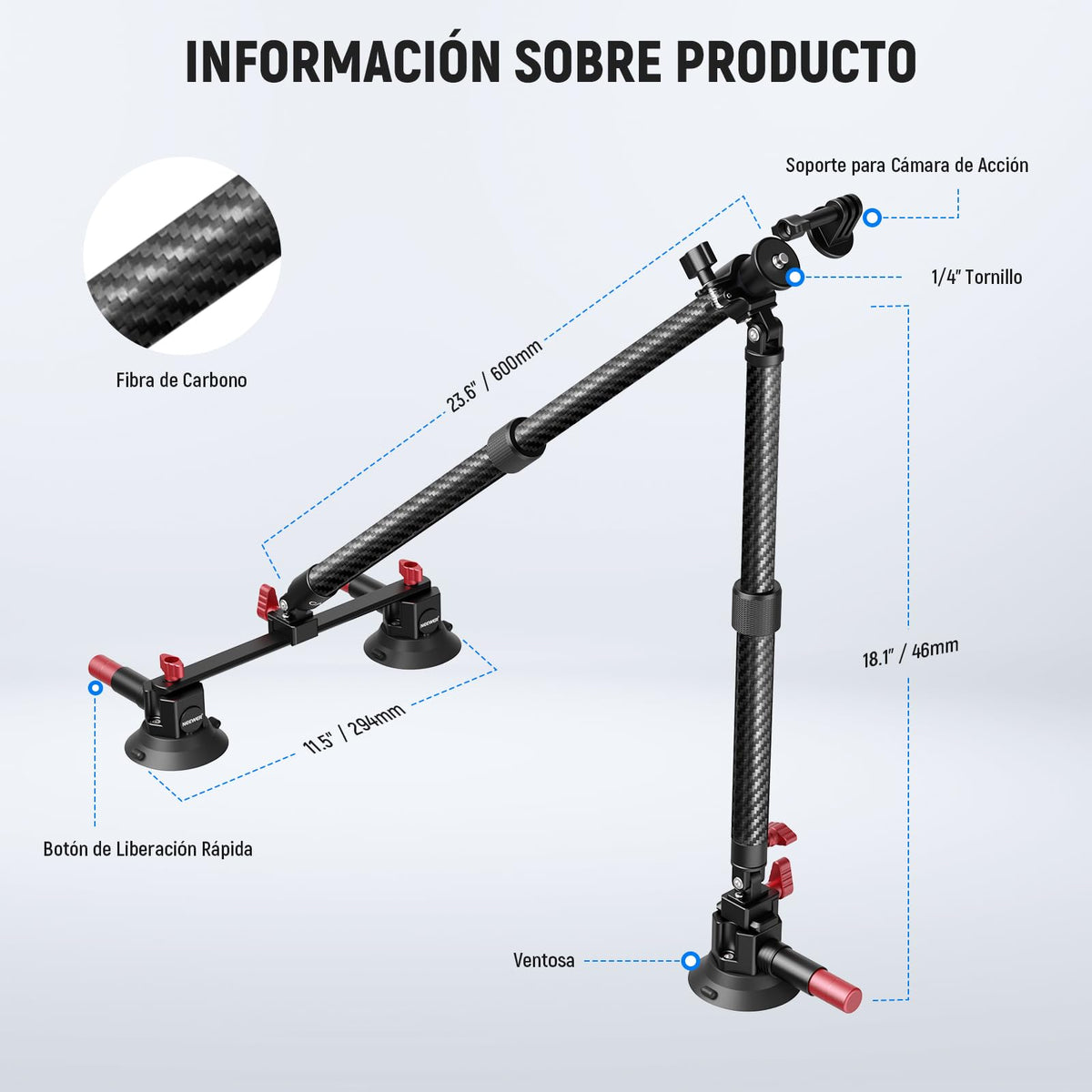 NEEWER - Kit de Montaje para Automóvil con Triple Ventosa, Soporte para cámara de Fibra de Carbono con Adaptador de cámara de acción, riel NATO y Poste de extensión de 60 cm Compatible con GoPro Insta360