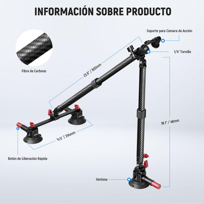 NEEWER - Kit de Montaje para Automóvil con Triple Ventosa, Soporte para cámara de Fibra de Carbono con Adaptador de cámara de acción, riel NATO y Poste de extensión de 60 cm Compatible con GoPro Insta360