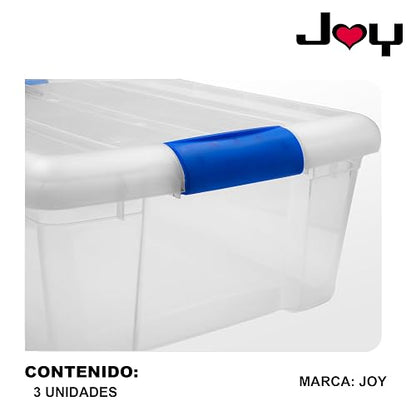 JOY - Caja de Almacenamiento Apilable, Pack de 3, para Organizador Armario, Juguetes, Ropa, con Broche y Tapa Duradera, 15 Litros de Capacidad, Plástico Libre de BPA, Transparente