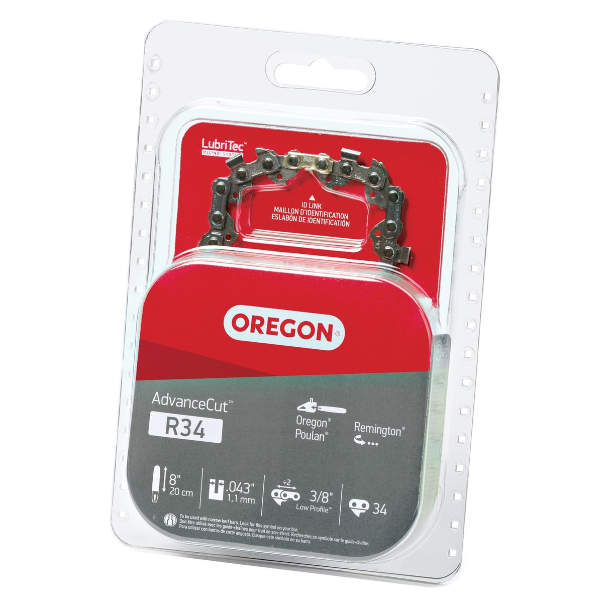 Oregon AdvanceCut R34 Cadena de Motosierra | 34 eslabones de accionamiento, paso 3/8 pulgadas, perfil bajo, calibre 0.043 pulgadas, para barras guía de 8 pulgadas