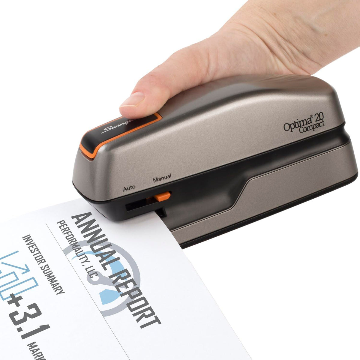 Swingline Optima Grip Grapadora eléctrica, capacidad de 20 hojas, recarga rápida, portátil, naranja/gris (48207)