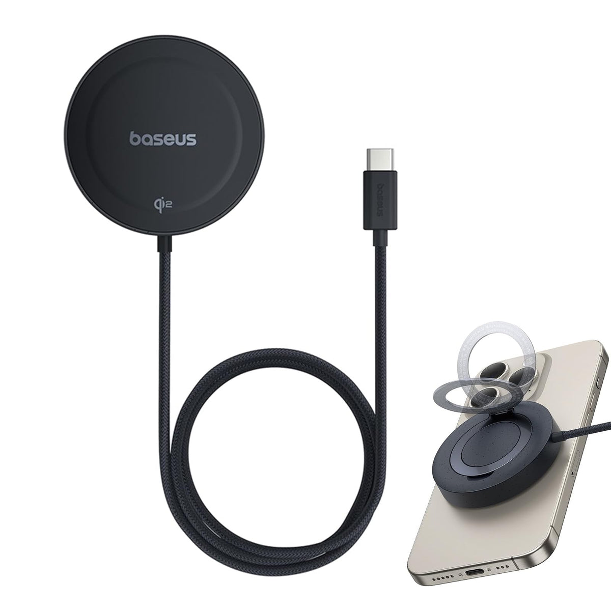 Baseus Cargador Inalámbrico Magsafe, Cargador Magnético de 15 W, Compatible con Función Magsafe, Carga Rápida 15W para iPhone 15/14/13/12 Series Cargadores por Inducción (Negro)