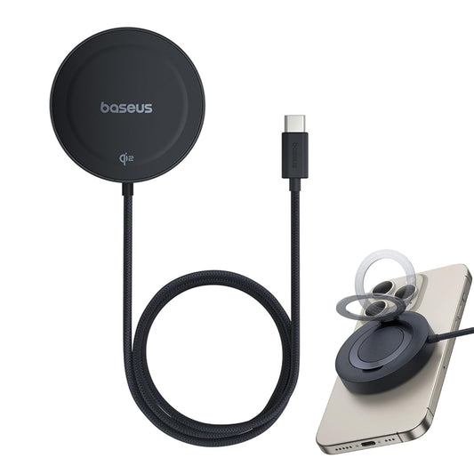 Baseus Cargador Inalámbrico Magsafe, Cargador Magnético de 15 W, Compatible con Función Magsafe, Carga Rápida 15W para iPhone 15/14/13/12 Series Cargadores por Inducción (Negro)