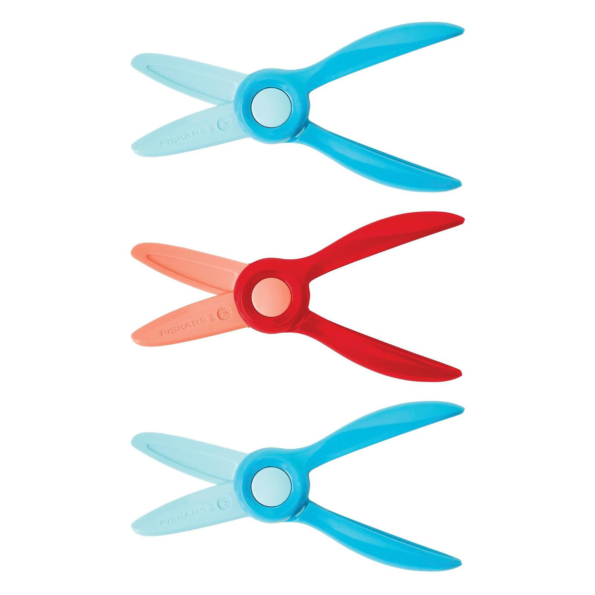 Fiskars - Tijeras para principiantes para niños a partir de 2 años (paquete de 3), pequeñas tijeras de plástico de seguridad, suministros de arte de fácil agarre para niños para volver a la escuela,