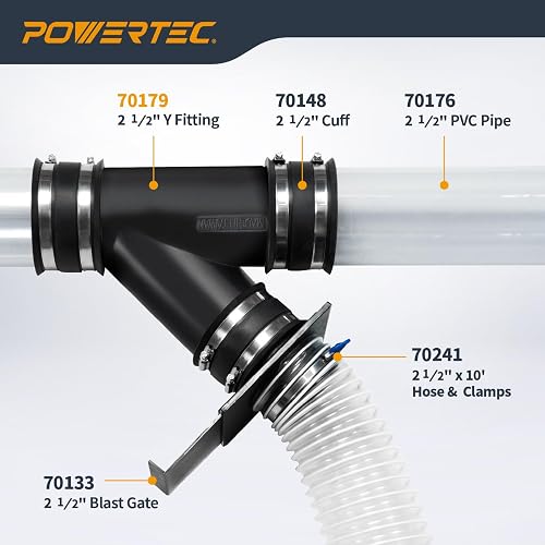 POWERTEC 70179 - Accesorio en Y de 2-1/2 pulgadas para manguera de recogida de polvo de 2 1/2 pulgadas, accesorios de conector de manguera de recogida de polvo para sistema de recogida de polvo, 1