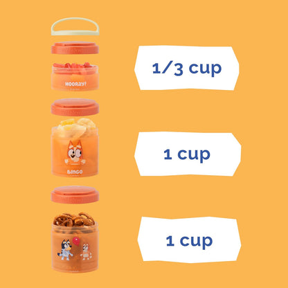 Whiskware - Contenedores apilables Bluey para aperitivos, para niños y niños, 3 tazas apilables para la escuela y los viajes, Bluey y Bingo, ¡hurra!