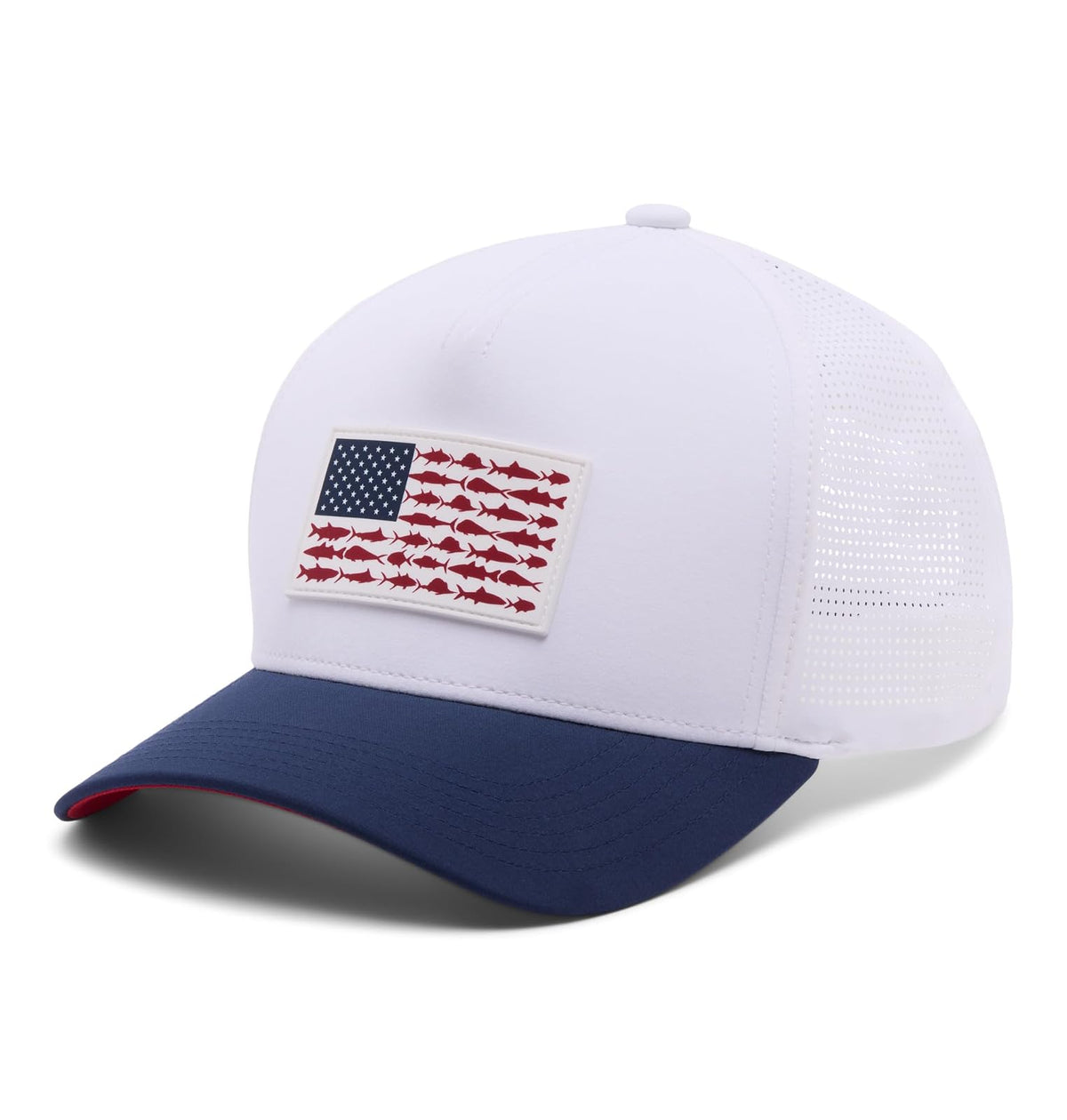 Columbia PFG Elite 3D Stretch Snap Back Gorra de Bola Unisex Adulto - Talla Única - Blanco - Coll Navy - Fish Flag
