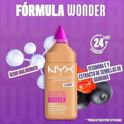Nyx Professional Makeup, Make 'Em Wonder, Base de Maquillaje para Rostro, Acabado Mate y Resistente al Agua con Fórmula Vegana, Tono Buff (Medio Intenso), 30 ml