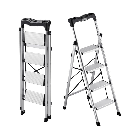 VEVOR Escalera de Aluminio Plegable 4 Peldaños, Escalera de Tijera con Pedal Antideslizante y Empuñadura Cómoda, Capacidad de 150 kg, Taburete Multifuncional para Cocina, Almacén, Hogar, Oficina