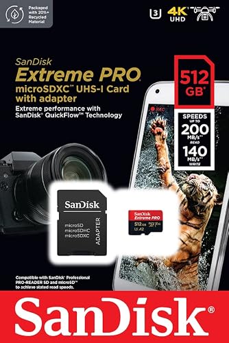 SanDisk Tarjeta microSDXC Extreme Pro de 512 GB + Adaptador SD + RescuePRO Deluxe, hasta 200 MB/s, con Rendimiento de aplicación A2, UHS-I, Clase 10, U3, V30