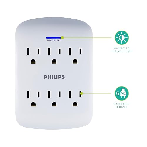 Philips SPP3461WA/37 - Protector de sobretensiones Extensor de 6 Tomas, Llave de Pared, 900 Julios, 3 Puntas, diseño de Ahorro de Espacio, luz LED indicadora de protección, listado ETL, Color Blanco