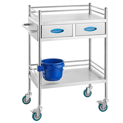 VEVOR Carro de Laboratorio de Acero Inoxidable, Carro Médico 2 Capas 2 Cajones, Carga 100 kg con Ruedas Bloqueables y Cubo, para Laboratorio Salón Hospital, Uso Dental, Plata, 594 x 388 x 855 mm