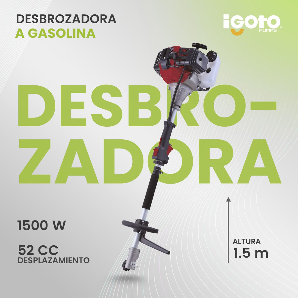 IGOTO Desbrozadora Desmalezadora de Gasolina 5 en 1 Sierra Cepillo Cortasetos Tubo Extension Motor 2 Tiempos 2 HP 1500 W Capacidad del Tanque 1200 Ml Uso Profesional 52 CC Carburador Tipo Diafragma
