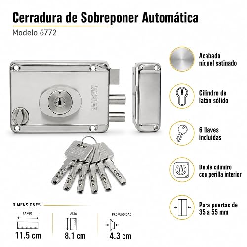 Dexter 6772 Cerradura de Sobreponer (Chapa de Parche) Automática de Llave de Alta Seguridad, Mecanismo de Barras