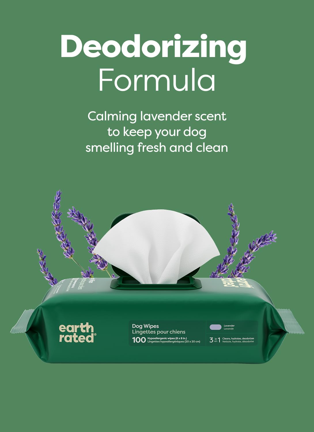 Earth Rated Toallitas Húmedas para Perro | Hipoalergénicas con olor a Lavanda | 100 Piezas