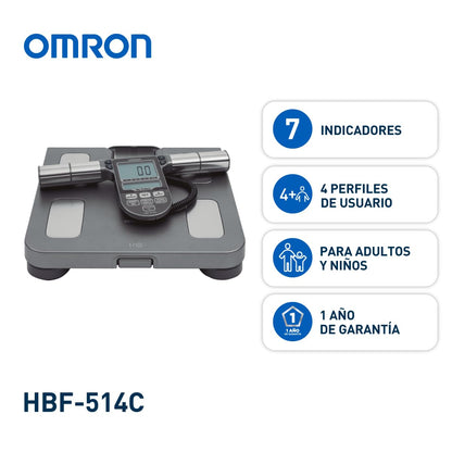 OMRON Báscula Corporal Digital HBF-514C, 7 Indicadores de Salud | 7 indicadores: IMC, metabolismo basal, grasa visceral, % músculo esquelético. 4 perfiles + invitado. Memoria 1/7/30/90 días.