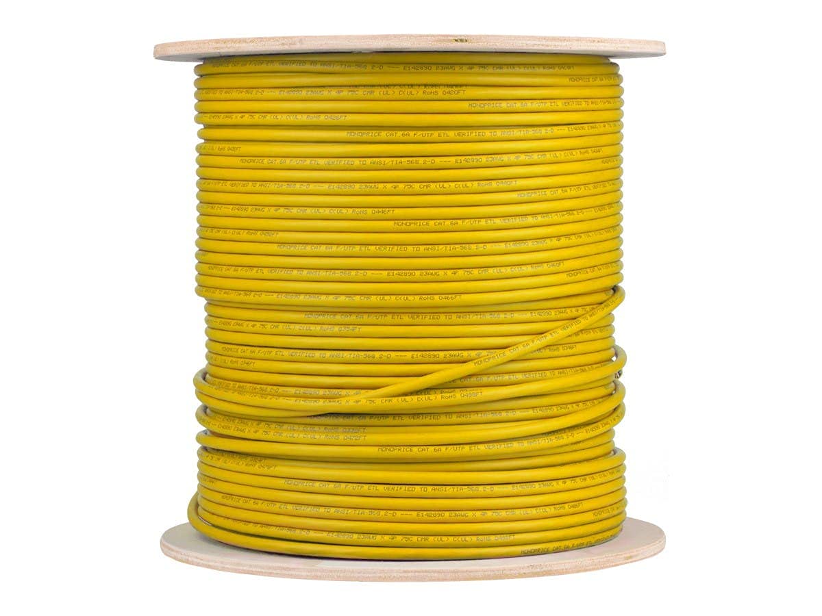 Monoprice Cat6A Ethernet Bulk Cable - 500ft - Yellow, Solid, 550Mhz, F/UTP, CMR, Riser Rated, Pure Bare Copper Wire, 10G, 23AWG, No Logo (UL) (TAA)