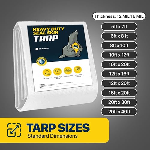 Seal Skin Covers Lona Impermeable Reforzada de 10x20 Pies, 16 Mil, 8 OZ, 160 gsm de Espesor, Color Blanco, con Ojales Antióxido, Cubierta Resistente a Desgarros con Bordes Reforzados para Camping