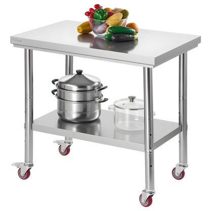 VEVOR Mesa de Trabajo de Acero Inoxidable, Mesa de Preparación con 4 Ruedas, Estantería de Trabajo de Preparación de Alimentos con Estantes Ajustables para Cocina, Garaje, Taller, 90 x 60 x 85 cm