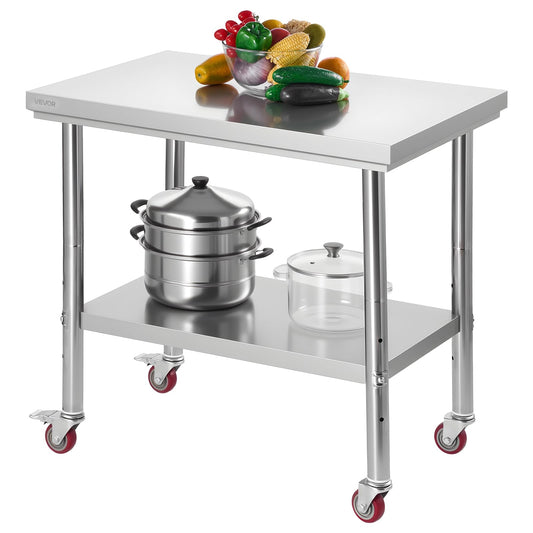 VEVOR Mesa de Trabajo de Acero Inoxidable, Mesa de Preparación con 4 Ruedas, Estantería de Trabajo de Preparación de Alimentos con Estantes Ajustables para Cocina, Garaje, Taller, 90 x 60 x 85 cm