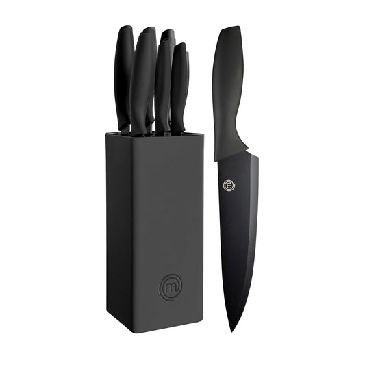 MasterChef - Juego de cuchillos con bloque, 6 cuchillos de cocina y un soporte universal para cuchillos, cuchillas de acero inoxidable extra afiladas para un corte preciso con revestimiento