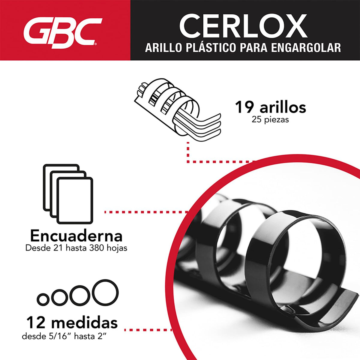 GBC Arillo plastico CERLOX 38 aros, Color negro, Bolsa con 25 de 1". M080610