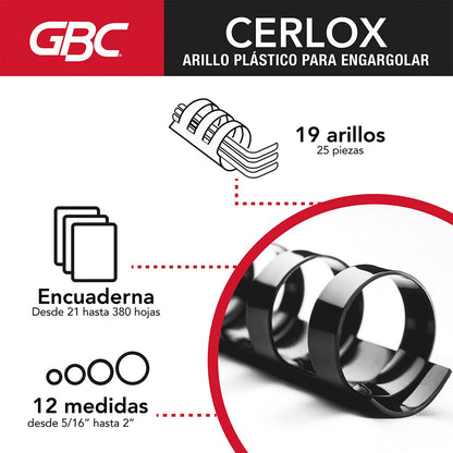 GBC Arillo plastico CERLOX 38 aros, Color negro, Bolsa con 25 de 1". M080610